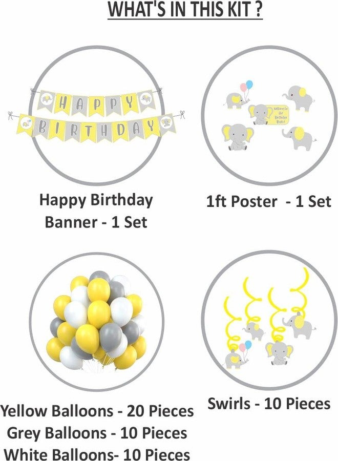Untumble Elephant Theme Birthday Decorations Swirls Kit | Yellow, White & Grey Theme | Elephant Theme Decorations With Swirls, Posters, Happy Birthday Banner & Balloons | Pack of 66 - Image 2